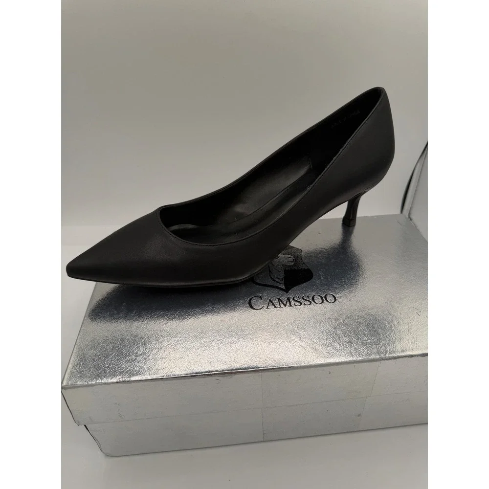 CAMSSOO Womens Black Pointed Toe Kitten Heel Pumps Size 39 Business Formal Shoes